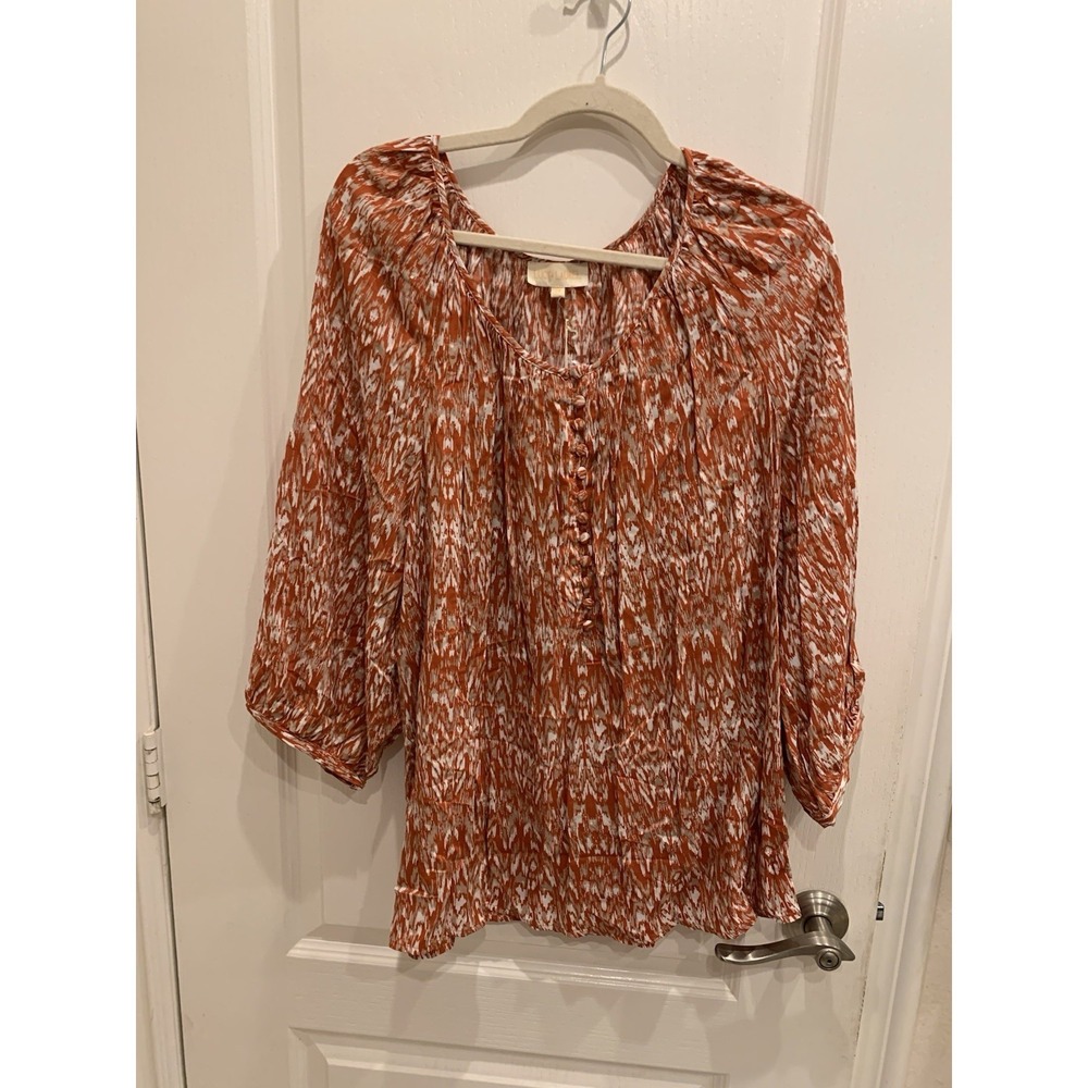 Lucy + Laurel Tunic Blouse Womens Sz 2X Orange/Rust Boho Peasant 3/4 Casual